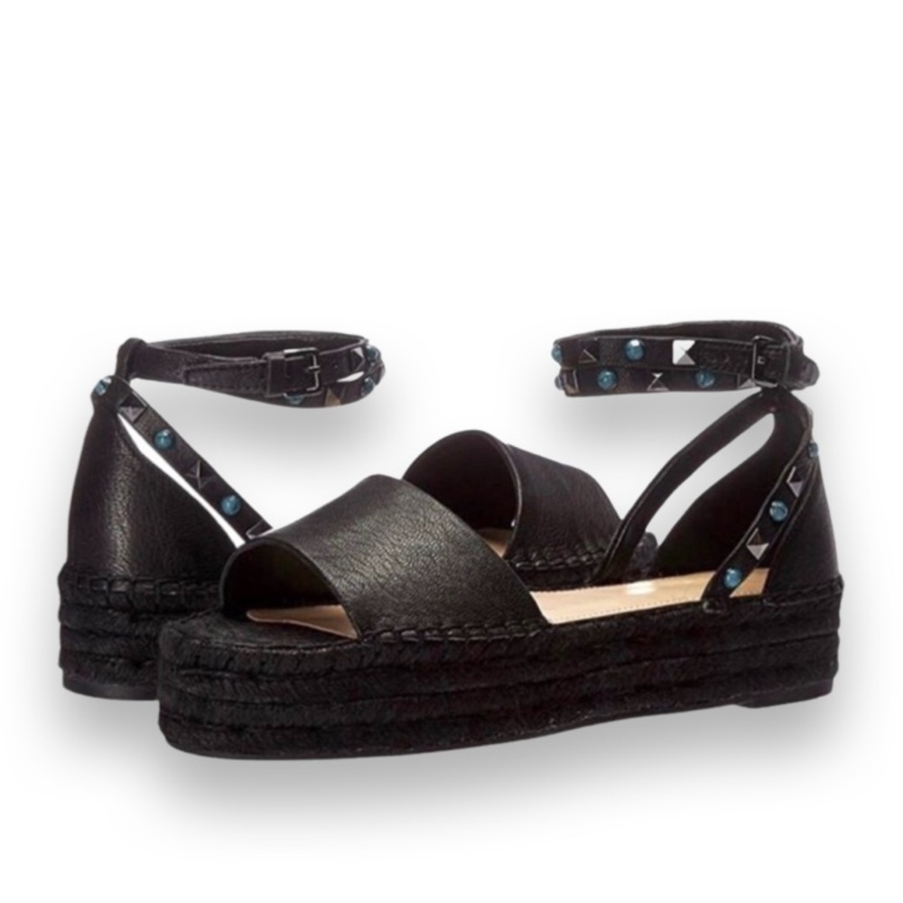 MARC FISHER Leather Platform Sandals with Silver Studs and Turquoise Sto…